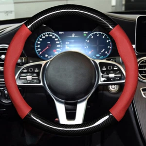 Black Carbon Fiber Leather Car Steering Wheel Cover Non-slip Accessories 15" - Bild 1 von 20