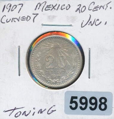 MEXICO -  20 centavos - 1907 SILVER -  CURVED "7" - #5998 - UNC TONED - Image 1 of 2
