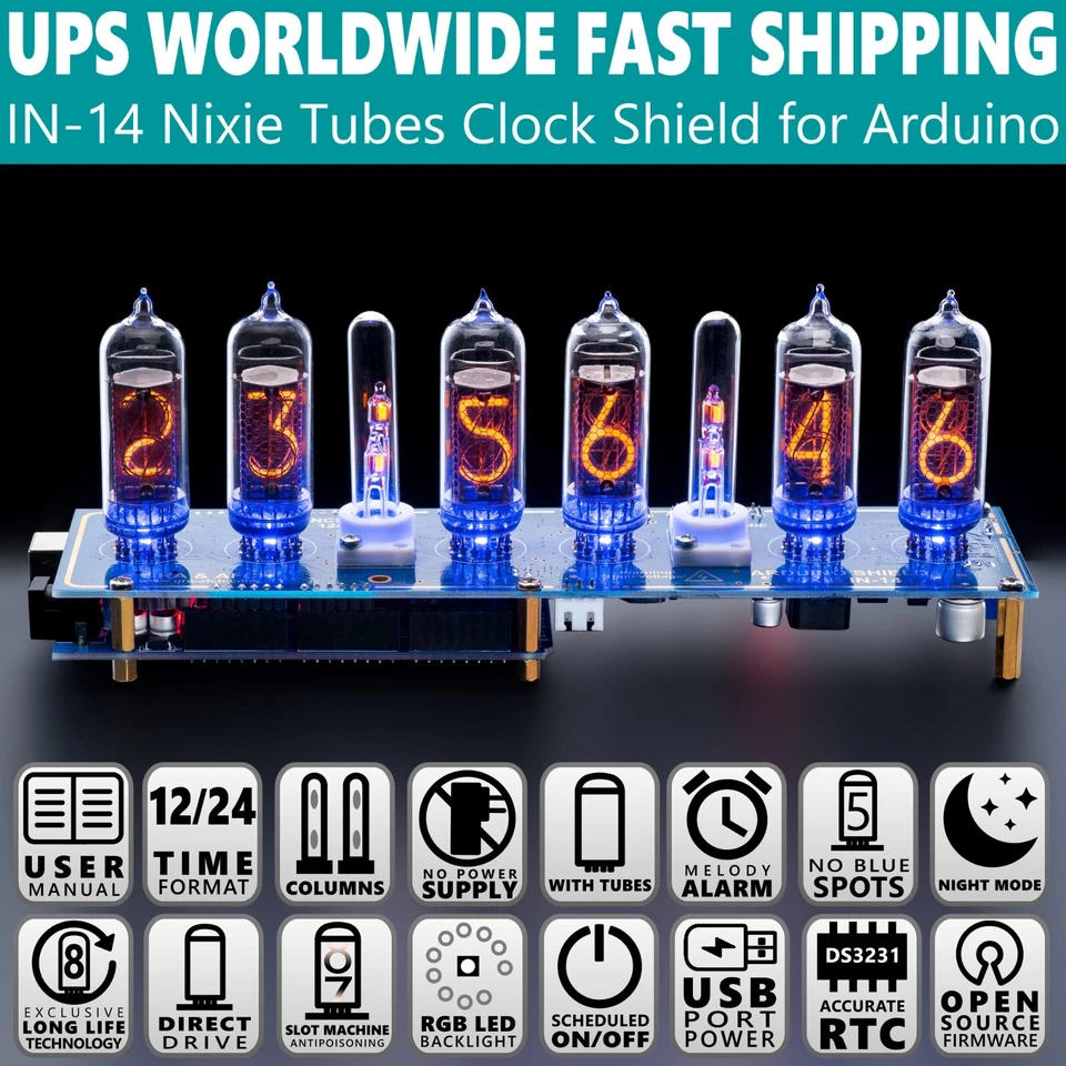 IN-14 Nixie Clock Arduino Shield NCS314 WITH TUBES COLUMNS FAST DELIVERY 3-5Days - Image 1 of 4