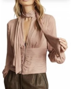 REISS, Bow Top ,Sky Plunge Neck Tie Dust Pink Blouse, UK- Size 4, Zip Front BNWT - Picture 1 of 21
