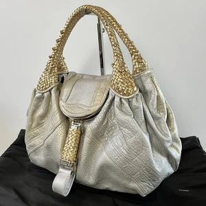 *RARE* FENDI Spy Bag Large Handbag Leather Silver Gold Authentic Rank AB #434 - Picture 1 of 24