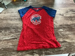 Majestic Fan Chicago Cubs Shirt Girls Large 14 Red leopard Baseball Short Sleeve - Picture 1 of 6