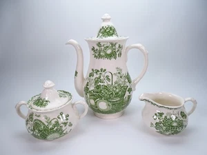 Masons Ironstone Coffee Pot, Milk Jug & Sugar Bowl Green Fruit Basket Pattern - Picture 1 of 24