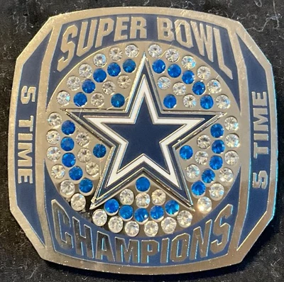 Dallas Cowboys 5 Time Super Bowl Champions Large Rhinestone Ring Prototype Pin - Image 1 of 2