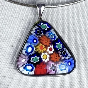 Murano Millefiori Glass Triangle Pendant Sterling Silver Italy 925 Necklace - Picture 1 of 8