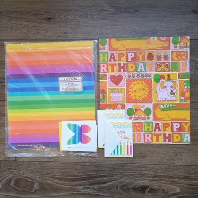 Papel de embrulho vintage para presente atual dos anos 80 - Listras arco-íris, feliz aniversário, elefantes - Imagem 1 de 4