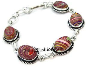 Rainbow Calsilica Gemstone 925 Sterling Silver Plated Bracelet 8" Worry Jewelry - Picture 1 of 3
