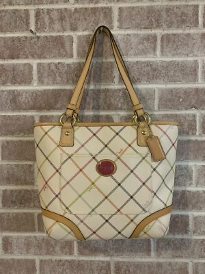 Coach Peyton Tattersall Tote F21863 Multicolored On Cream, Excellent! - Image 1 of 4