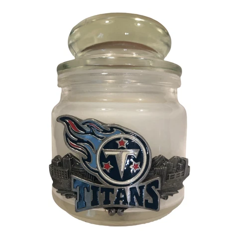 New! TENNESSEE TITANS  Apothecary Glass Candle With Lid, Metal Plaque NFL Cover