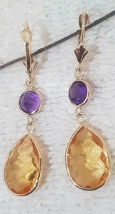 14K Yellow Gold Earrings with Amethyst briolet and Citrine. - Picture 1 of 8