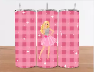 20 Unzen Barbie Puppe Edelstahl rosa Becher & Metallstroh - mädchenkariert - Bild 1 von 3