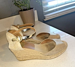 Kanna Espadrille Womens Wedge Peep Toe Gold Ankle Strap Sandals Sz 7 EUR 37 - Picture 1 of 15