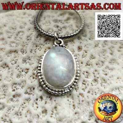 Ciondolo in argento con pietra di luna arcobaleno ovale cabochon e cornice di - Immagine 1 di 4