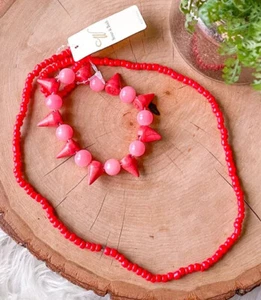 W Stones & Beads Chunky Spike Pink Bead Coral Howlite Necklace & Bracelet Set - Picture 1 of 3