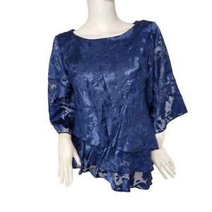 Alex Evenings Women's Floral Printed Tiered 3/4 Sleeve Blouse Blue Size Medum - Picture 1 of 6