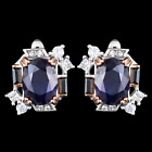 HEATED NATURAL 8X6MM BLUE SAPPHIRE BLACK SPINEL CZ STERLING SILVER 925 EARRING