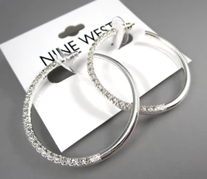 New NINE WEST 1.5" Silver Tone Open Hoop Rhinestones post Pierced Earrings 83z - Picture 1 of 6