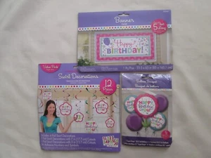 HAPPY BIRTHDAY BANNER BALLOONS HANGING PARTY SWIRL DECORATIONS KIT PINK PURPLE - Picture 1 of 8