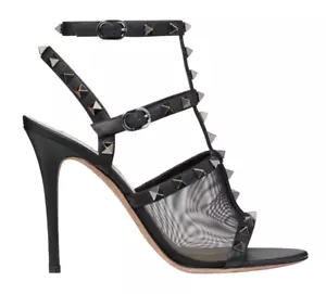 Valentino Rockstud 105 Black Mesh Stud Cage Ankle Strap Sandal Heel Pump 39.5 - Picture 1 of 12
