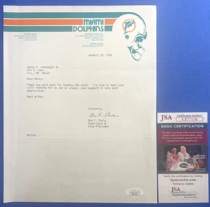 Don Shula Signed 8.5x111 Miami Dolphins Letter JSA CE77176 - Picture 1 of 3
