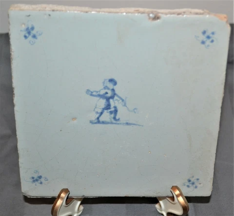 Antique Delft Stoneware Tin-Glazed White & Blue Tile 5 x 5 1/4" Cover