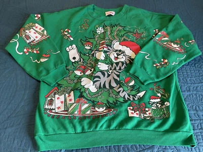 De Colección Cascanueces Navidad Verde Sudadera Gris Gato Hinchado Gráficos Años 90, L Foto 1 de 4