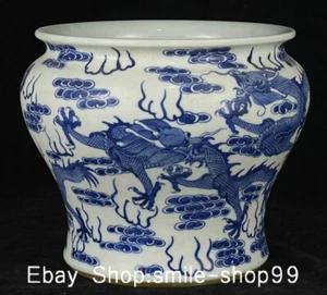9"Old Chinese Dyansty Blue White Porcelain 5 Dragon Loong Pot Jar Crock - Picture 1 of 9