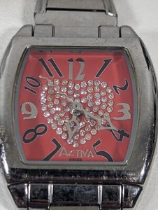 Activa Swiss Crystal Accent Heart Dial Silver Tone Case Stretch Band Watch - Picture 1 of 6