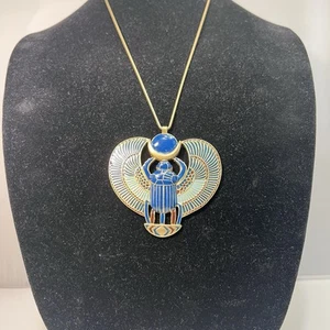 Rare Vtg Egyptian Revival Signed D'Orlan Enamel Scarab Figural Pendant Necklace - Picture 1 of 5