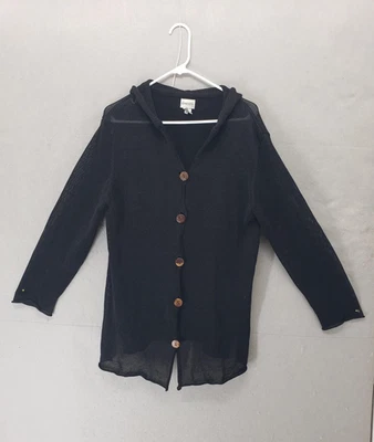 Chicos Sweater Women 2 12 Black Hooded Button Up Lightweigh Knit Cardigan Jacket - Image 1 of 4