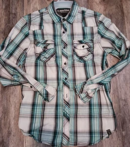 MK Machine Western Shirt Mens Medium Green White Plaid Long Sleeve Button Up - Picture 1 of 7