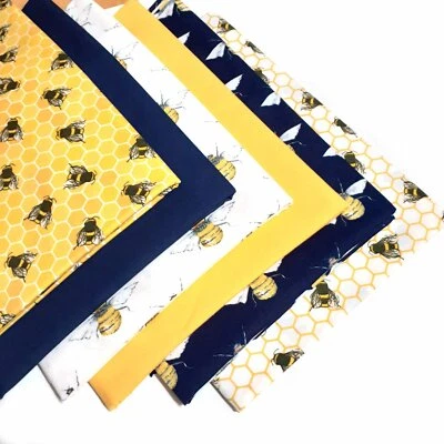 LINCOLN CRAFTS Bees Fabric Bundle 6 x Fat Quarters 100% Cotton Busy Busy Bumble Bees Honeycomb