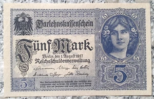 Deutsches Reich 5 Mark-Banknote 1. August 1917Darlehenskassenschein,Kassenfrisch - Bild 1 von 2