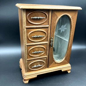 Wooden Upright 4 Drawer Musical Jewelry Box Floral Etched Glass Door Works - Picture 1 of 17