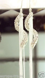 EXKLUSIVE LANGE QUASTEN STRASS HAKEN BAUMELNDE LINEARE OHRRINGE SILBER S-FORM - Bild 1 von 1