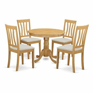 Oak Finish 5 pc Wood Dining Set Round Table Top 4 Padded Chairs Kitchen Dinette - Picture 1 of 5