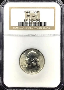 1944 WASHINGTON SILVER QUARTER DOLLAR NGC MS-67. - Picture 1 of 4