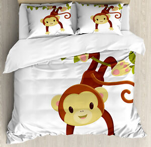 Nursery Duvet Cover Set with Pillow Shams Cartoon Monkey on Liana Print