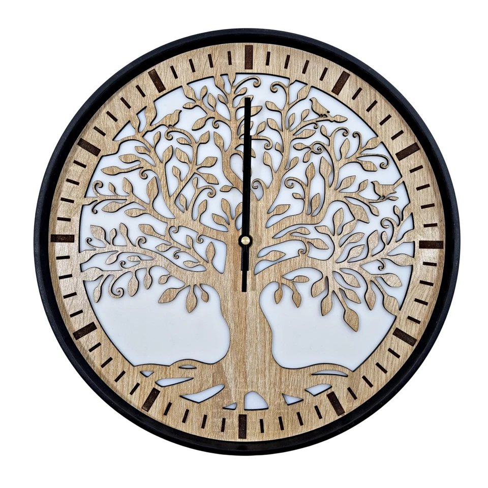 Wanduhr mit Metallring und Eichenholz, Lautlos, Lebensbaum Uhr, Designeruhr 35cm - Bild 1 von 4