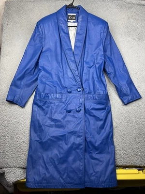 Abrigo de cuero vintage G-III para mujer grande azul largo doble botonadura trinchera años 80 Foto 1 de 4