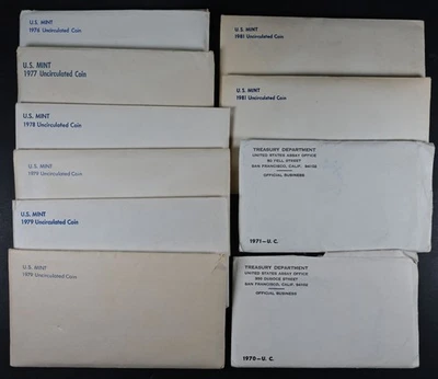 US Mint 1970-1981 Uncirculated Coin Sets Treasury Department 10 Envelopes - Image 1 of 2