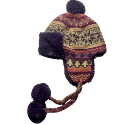 Sombrero trampero Muk Luks Fair Isle forrado oreja solapa invierno pompón tejido púrpura acogedor Foto 1 de 4