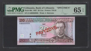 Lithuania 20 Litu 1997 P60s "Specimen" Uncirculated Grade 65 - Picture 1 of 2