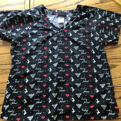 Baby Phat Women Scrub Top Medium Black Diamond/cats/heart Short Sleeve V Neck - Image 1 of 4