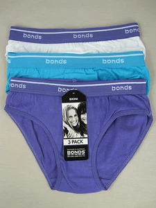 Bonds Girls 3 Pack Bikini Brief Underwear sizes 3 4 6 8 Colour Purple White Blue - Picture 1 of 3