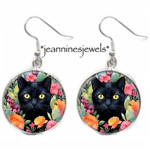 Black Cat Floral Garden Charm Earrings Vintage Art Print Silver Cat Lover Gift - Picture 1 of 12