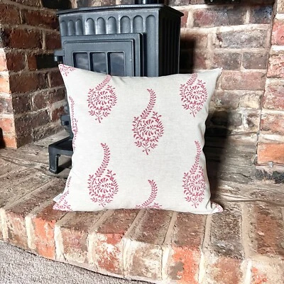 1314. HUMBER LINEN LOOK RED Block print 100% Cotton Cushion Cover - Image 1 of 4