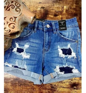 New! Youth girl's Mid wash HIGH RISE DENIM SHORTS w/ Patch inserts in 5 SIZES! - Picture 1 of 6