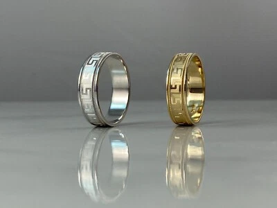 14K White Yellow Solid Gold Greek Key Wedding Band Ring 6 MM Mens Womens Unisex - Image 1 of 4