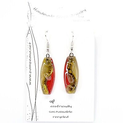 Handmade Recycled Fused Glass Red & Brown Oval Surf Hook Earrings Made Ecuador • 7.36£